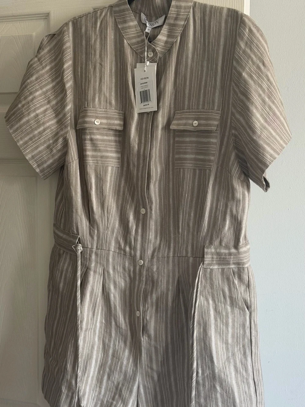 HEVRON Linen Striped Button-Front Short Sleeve Romper - Taupe & White NWT